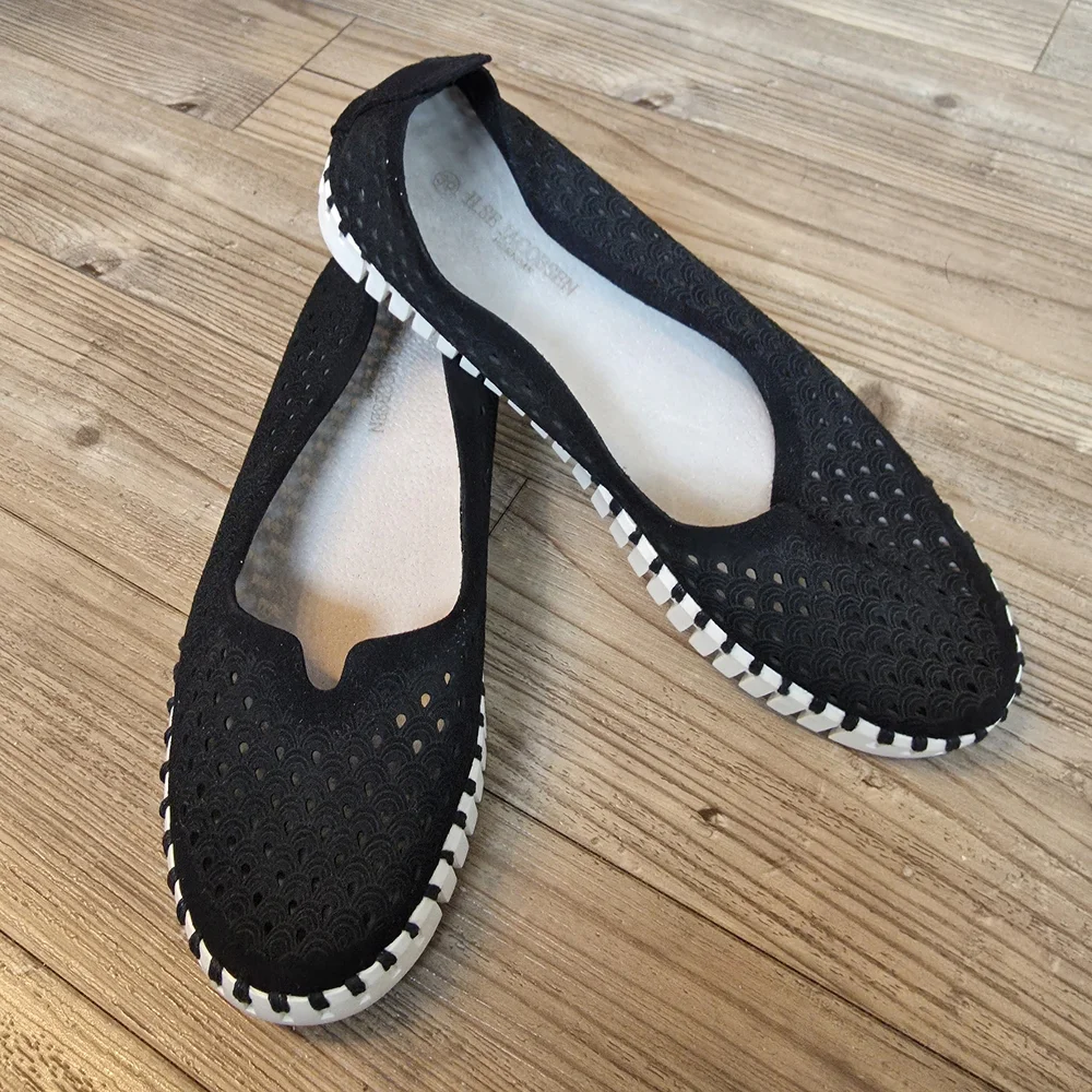 Ilse Jacobsen Black Laser-Cut Slip-On Flats with White Trim - Picture 2 of 8